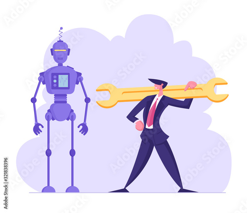 Robotics Engineering, Chatbot and Automatization in Business Concept. Businessman Holding Huge Wrench Stand near Cyborg. Robots in Human Life, Artificial Intelligence Cartoon Flat Vector Illustration