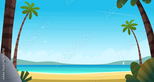 Tropical beach in the pacific ocean or calm blue sea. View of the blue sea with palm trees of the sandy shore.
