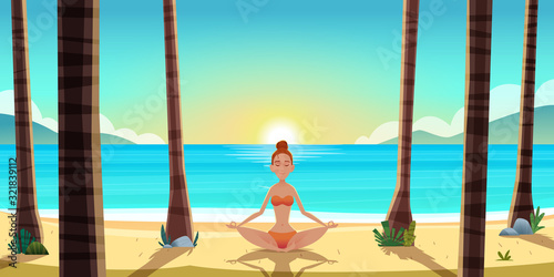Beautiful young woman sitting on the seaside beach and relaxing in yoga pose. 