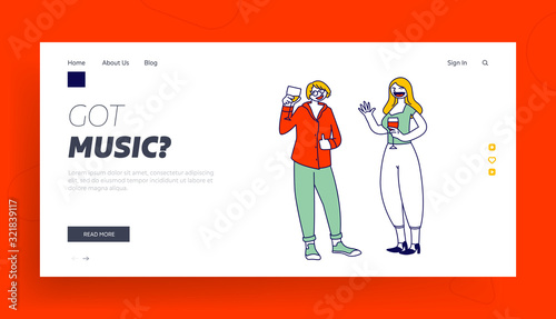 Friends Partying in Nightclub, Toasting Drinks Website Landing Page. Happy Young Man and Woman with Cocktails Rejoice and Communicating in Night Club Web Page Banner. Cartoon Flat Vector Illustration