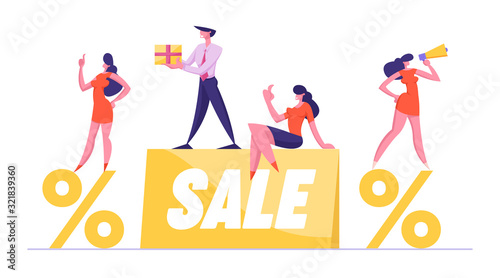 Businesspeople Promoters with Loudspeaker and Gift Box Stand on Huge Sale Banner and Percent Symbols. Discount Promotion Offer Announcement, Advertisement Consumerism Cartoon Flat Vector Illustration