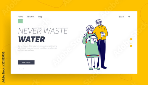 Pensioners Loving Relation and Healthy Lifestyle Website Landing Page. Happy Loving Senior Couple Holding Glass and Potter for Filtering Water in Hand Web Page Banner. Cartoon Flat Vector Illustration