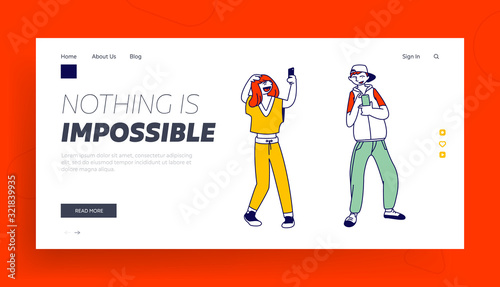 Teenagers and Gadgets Website Landing Page. Happy Girl Posing on Smartphone Camera Making Selfie for Internet Post. Yong Man Texting Messages to Friend Web Page Banner Cartoon Flat Vector Illustration