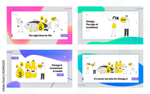 Omega 3 6 9 Nutrients Website Landing Page Set. Food with High Level of Fats for High Energy Power, Beauty and Health, Dietary Ingredient Web Page Banner. Cartoon Flat Vector Illustration, Line Art