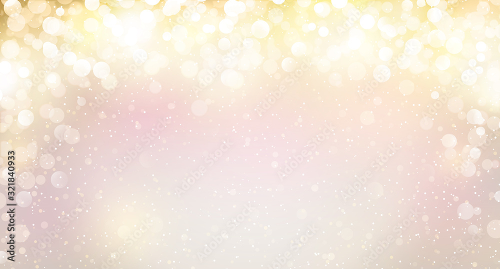 Beautiful Christmas and Happy New Year banner (poster) with copy space for your text. Big shining christmas background. Gold, white, purple, beige, glitter lights decorative background