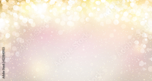 Beautiful Christmas and Happy New Year banner (poster) with copy space for your text. Big shining christmas background. Gold, white, purple, beige, glitter lights decorative background