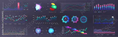 Infographic dashboard template with charts, diagrams elements, online statistics and data analytics. Information panel Mockup. UI, UX, KIT infographic elements. Modern dashboard template. Vector set