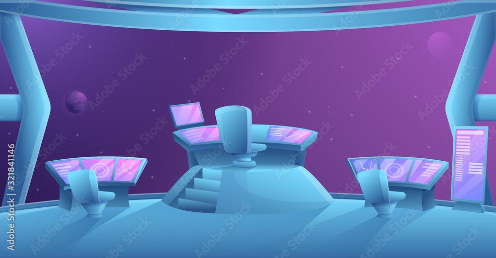 Cartoon interior of a spaceship of the future with captain's place and  equipment, vector illustration Stock Vector | Adobe Stock