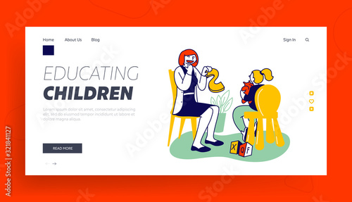 Logopedy Clinic Medical Help to Kids Website Landing Page. Doctor Logopedist Practicing with Girl Having Speech Pronunciation Problems Educating Baby Web Page Banner. Cartoon Flat Vector Illustration