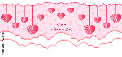 Happy Valentine's Day banner, poster, postcard with gradient pink hearts hanging over white clouds and text on isolated background