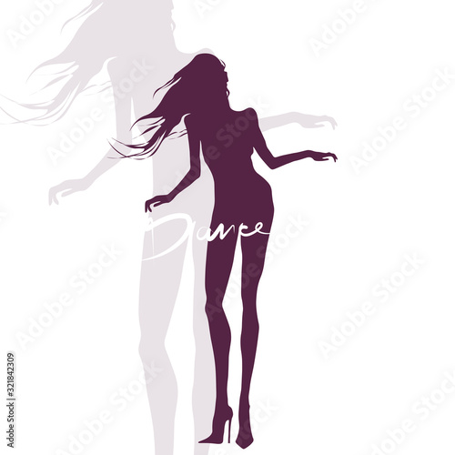 Dancing woman. Silhouette of slender girl with long hair. Vector