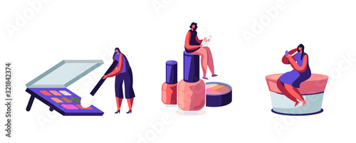 Set of Women Using Cosmetics. Girls Spend Time in Beautician Parlor. Female Characters Testing Make up Eye Shadows Palette, Nail Polish and Powder in Beauty Salon Cartoon Flat Vector Illustration