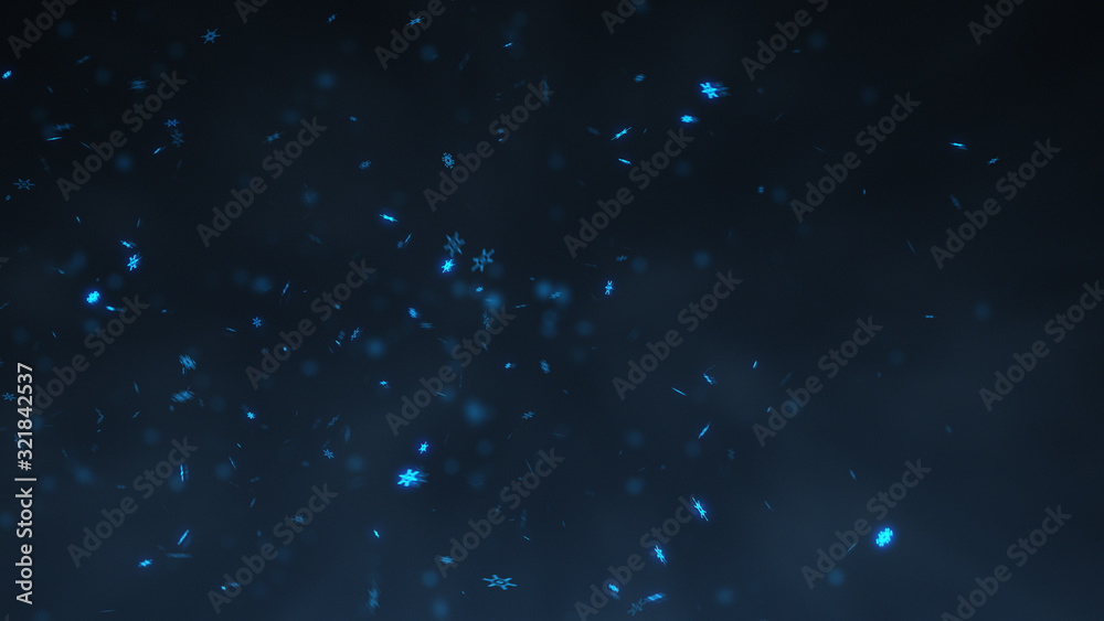 Fototapeta premium Falling white and gold snowflakes on night sky with snowstorm in winter. Falling snow background concept.