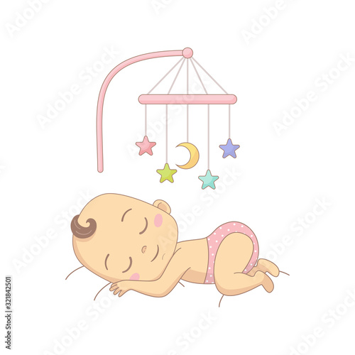 Cute baby sleeping under a mobile toy, colorful cartoon character vector Illustration.