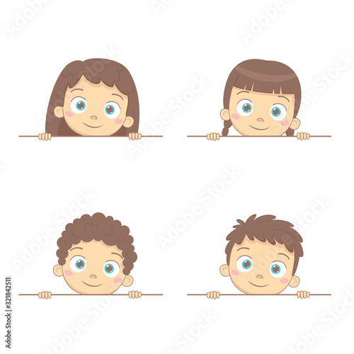 Baby boy and girl with blank frame. Template for advertising brochure with smiling toddler. Vector illustration