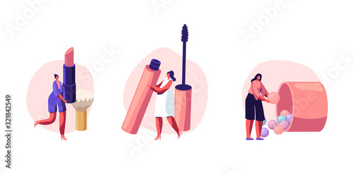 Face Care and Beauty Set. Women in Beautician Parlor. Female Characters Testing Skin Care Product in Beauty Salon. Makeup Course, Make Up School, Cosmetics Masterclass Cartoon Flat Vector Illustration