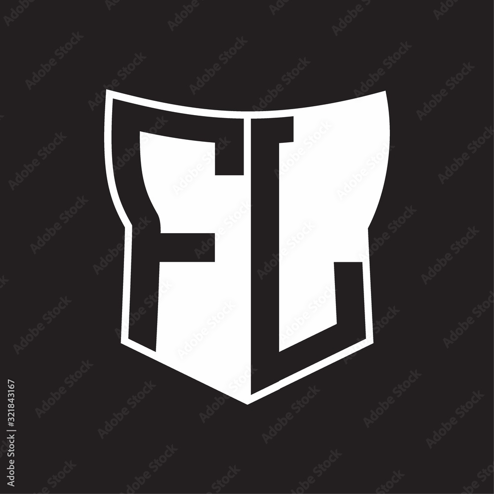 FL Logo monogram with negative space abstract shield shape design template on black background FL Logo monogram with negative space abstract shield shape design template on black background