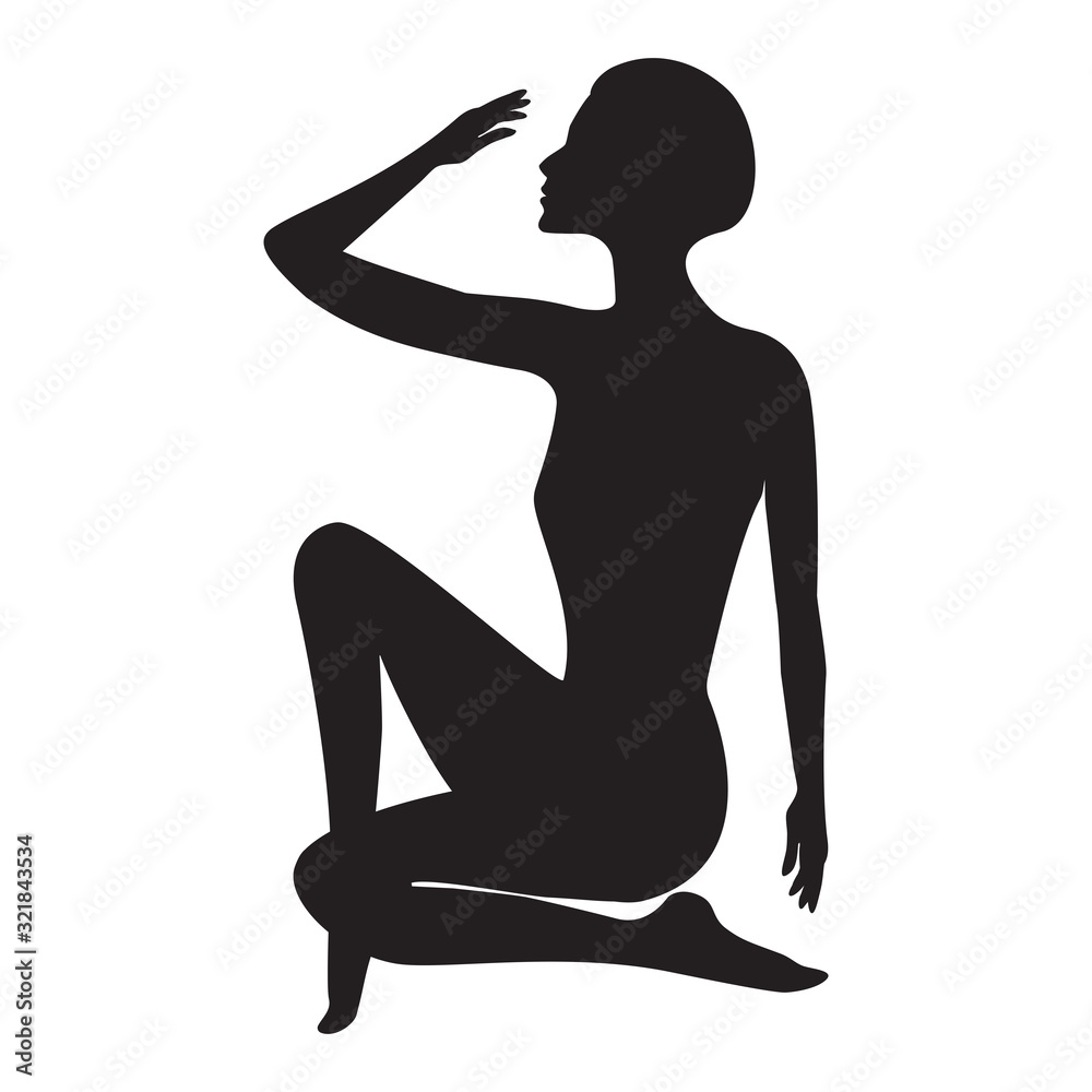 Silhouette woman sitting, graceful elegant pose - isolated on white background - vector. Lifestyle. Sport, fitness club emblem.