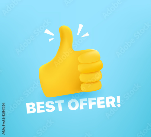 Bast offer concept with thumbs up. 3d comic style editable vector illustration