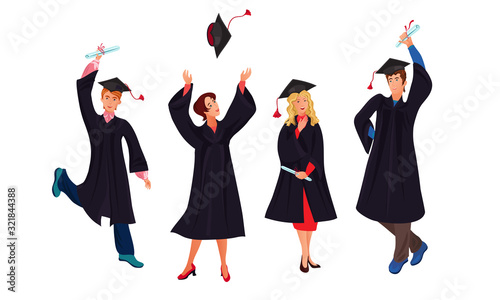 Set of various graduate students in different poses. Vector illustration in flat cartoon style