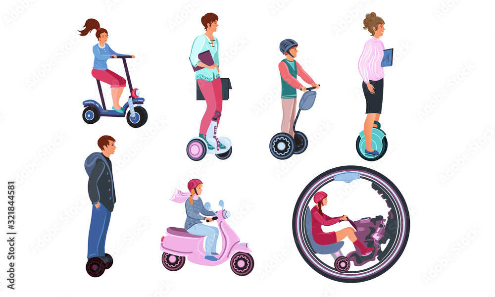 Colorful set of different electric transport. Vector illustration in flat cartoon style