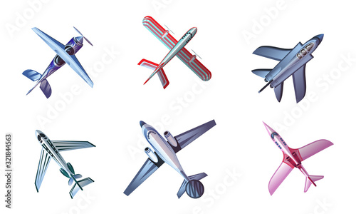 Set of different colorful airplane aircraft. Vector illustration in flat cartoon style