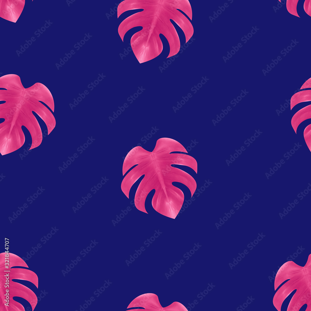 Gardinen - Monstera-Blatt Fotomuster Nahtloses Muster mit rosa Blättern von Monstera auf tieflila Hintergrund #321844707