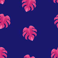 Acrylglasbilder Dunkelblaue Muster Rosa Monstera Blätter auf Lila  © Picture Store