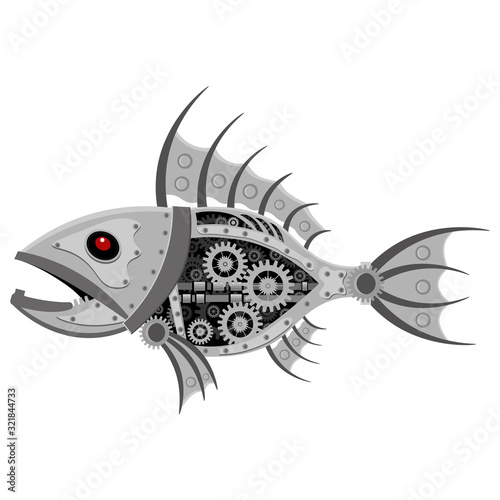 Fish steampunk robot. Unusual animal pattern mechanism vector illustration.
