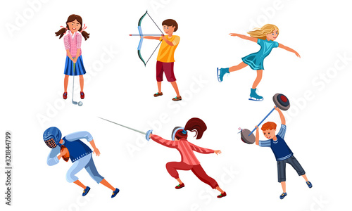 Set of teenagers doing various kinds of sports activities. Vector illustration in flat cartoon style