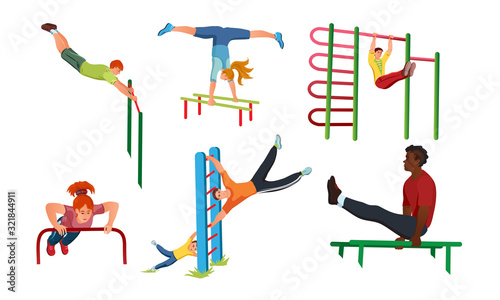 Set of different people doing sport workout on the street. Vector illustration in flat cartoon style