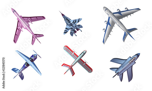 Set of different colorful airplane aircraft. Vector illustration in flat cartoon style