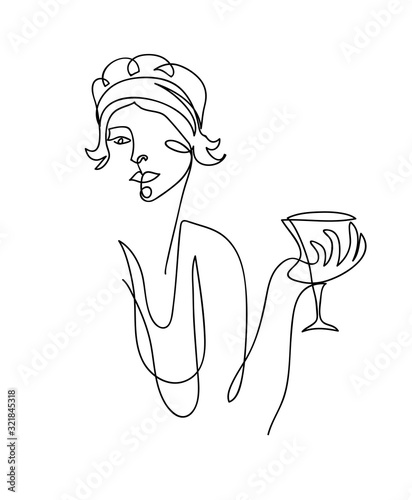 Flapper girl from 20s black and white vector illustration. Woman with cocktail, wineglass, Martini.  One continuous line drawing of flapper girl portrait. 