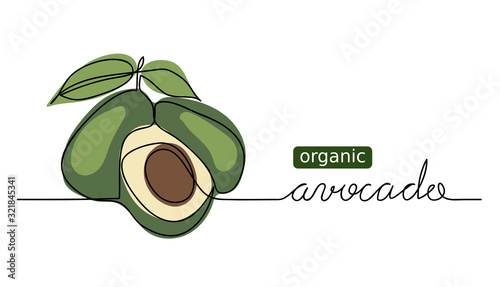 Organic avocado vector doodle, sketch. One continuous line drawing, background, banner, illustration of avocado.