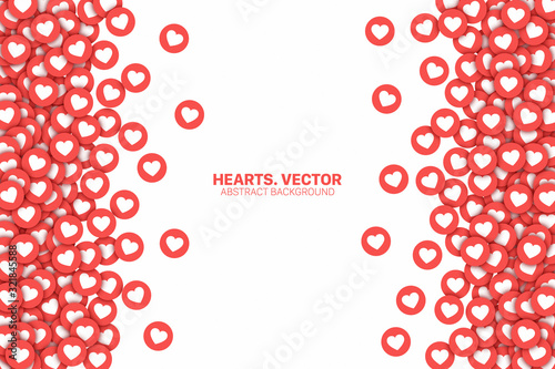 Vector Hearts Red Flat Icons Border Isolated On White Background. Lot Of Likes Conceptual Abstract Illustration. Love Design Template. Social Media Network Backdrop
