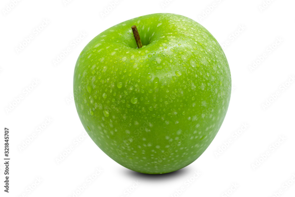 Fresh green apple with water droplets on the apple skin on a white background Fresh green apple with water droplets on the apple skin on a white background