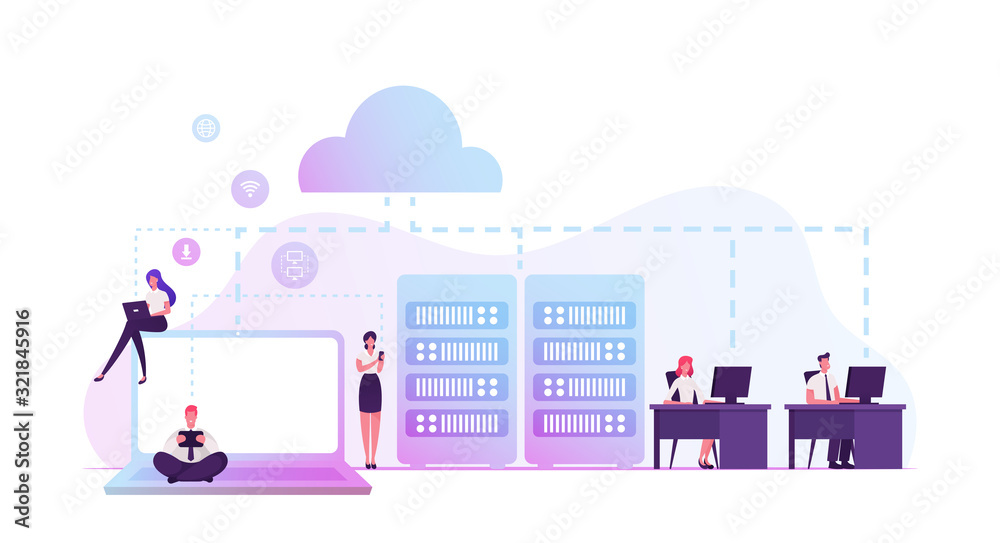 Intranet Private Network of Computers in Organization with Own Server and Firewall. Business Team Managers Characters Using Corporate Communication System in Office. Cartoon Flat Vector Illustration