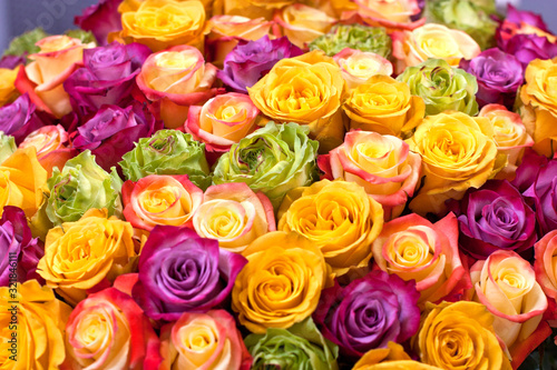 Big bouquet of colorful roses close up