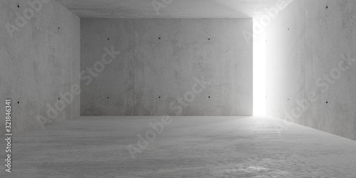 Abstract empty, modern concrete room with lighting from opening in back wall - industrial interior background template, 3D illustration