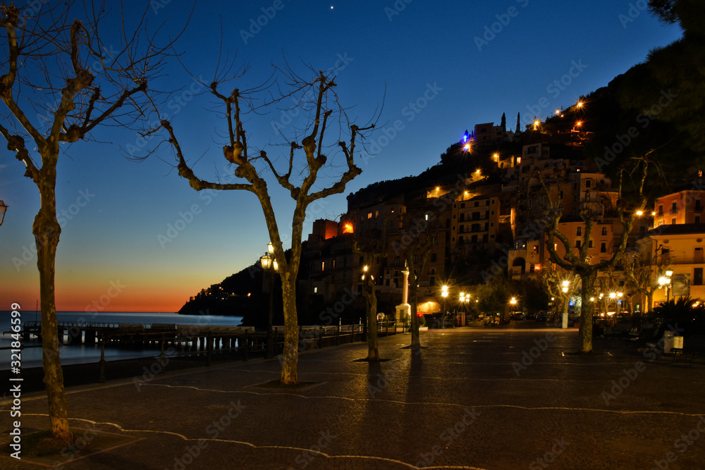 Night image of the promenade of an Italian town on the Amalfi coast