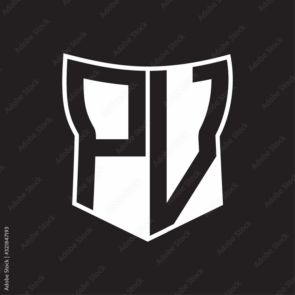 PV Logo monogram with negative space abstract shield shape design template on black background PV Logo monogram with negative space abstract shield shape design template on black background