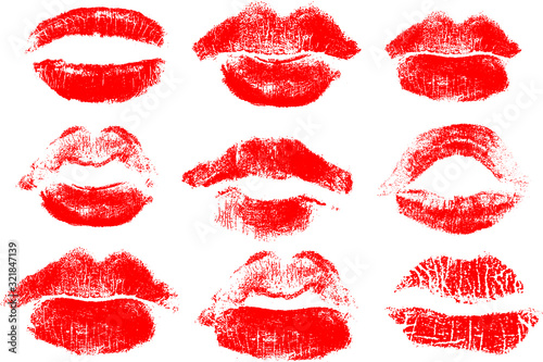 Textured lipstick kiss prints collection. Vector illustration. Full lips. Imprint of female lips. Sexy makeup  kiss mouth. Set of lipstick kiss prints isolated on white background. EPS10.