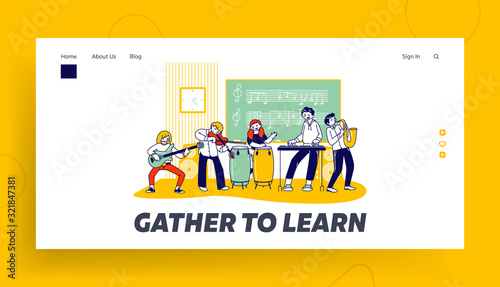 Children in Music School Website Landing Page. Students Training with Different Instruments Violin Guitar Drums Synthesizer and Saxophone in Classroom Web Page Banner. Cartoon Flat Vector Illustration