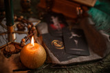 Mystical atmosphere, view of candle on the table, esoteric concept, fortune telling and predictions