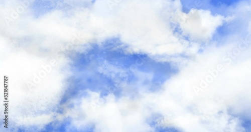 Flying through realistic clouds and space at center on blue background 