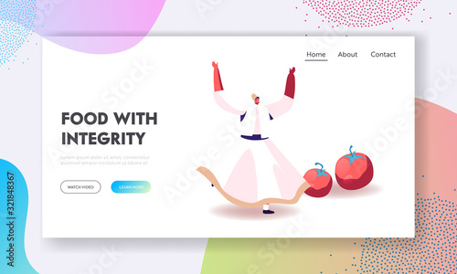 Oriental Turkish Cuisine Website Landing Page. Swirling Dervish in White Wide Dress Dancing near Ripe Fresh Tomatoes. Foreign Country Culinary Culture Web Page Banner. Cartoon Flat Vector Illustration
