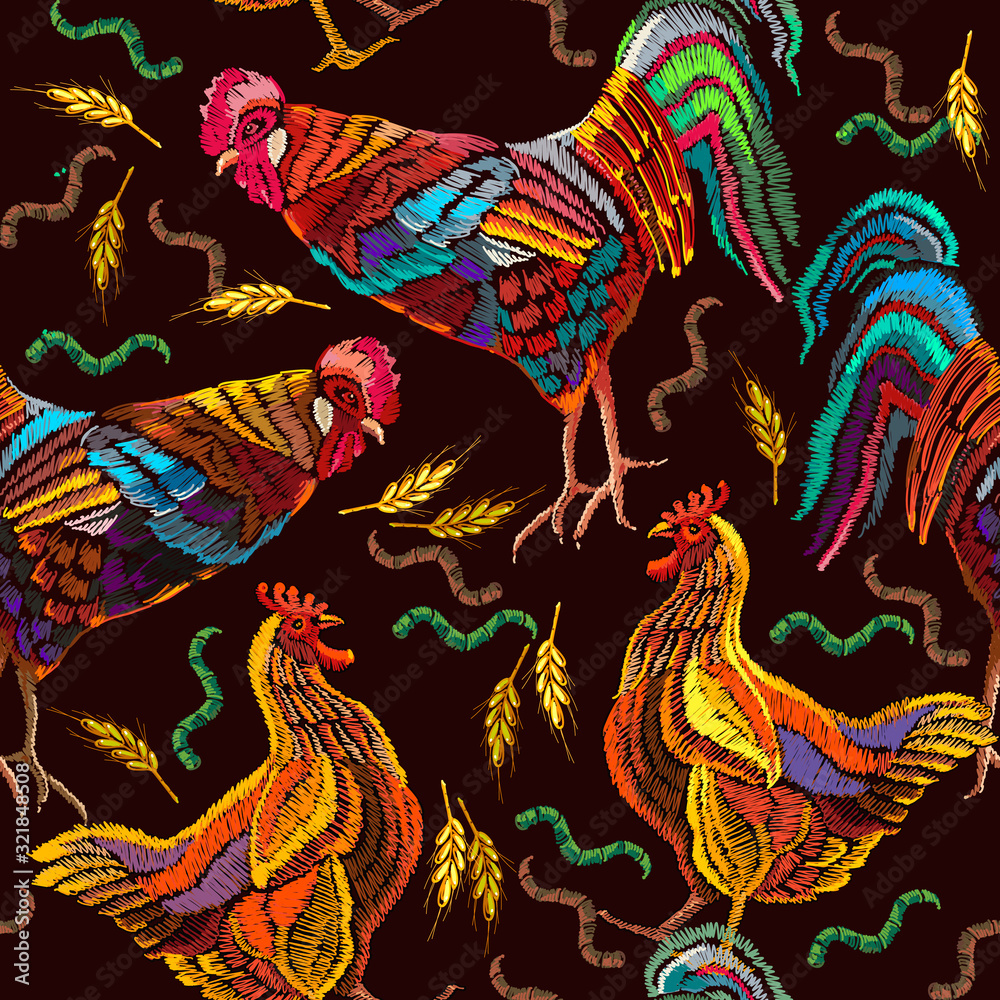 Obraz premium Embroidery chicken and rooster, seamless pattern. Farm animals art. Template for clothes