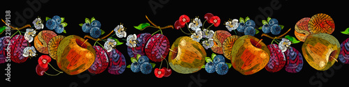 Embroidery fruit horizontal seamless pattern. Apples, plums, cherry. Summer garden art. Template for clothes, textiles, t-shirt design