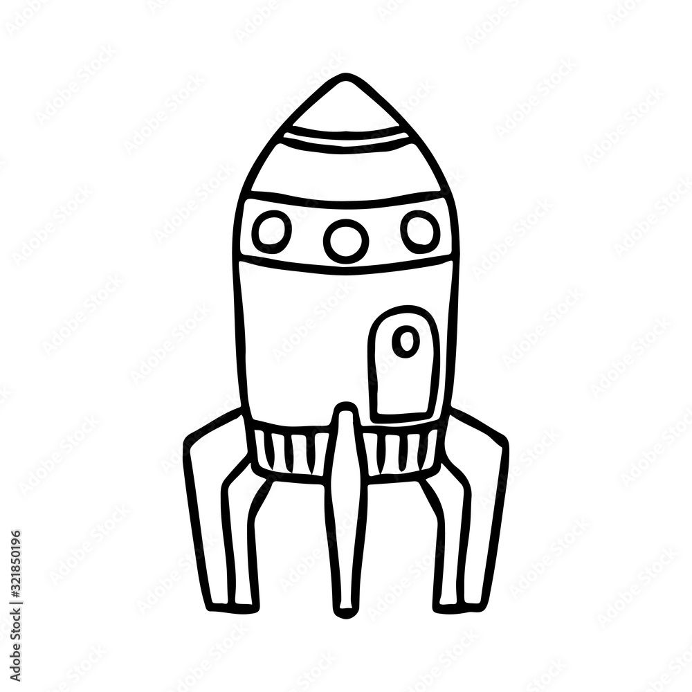 Rocket icon. Black contour silhouette. Vector hand drawing. Vertical view. Isolated object on a white background. Isolate. Rocket icon. Black contour silhouette. Vector hand drawing. Vertical view. Isolated object on a white background. Isolate.