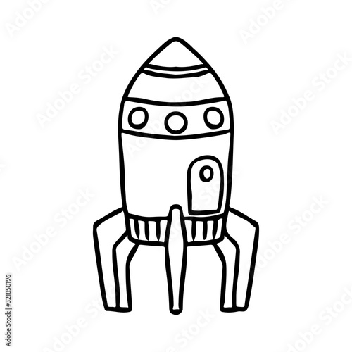 Rocket icon. Black contour silhouette. Vector hand drawing. Vertical view. Isolated object on a white background. Isolate.